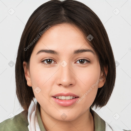 Neutral white young-adult female with medium  brown hair and brown eyes