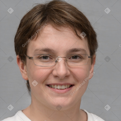 Joyful white adult female with short  brown hair and brown eyes