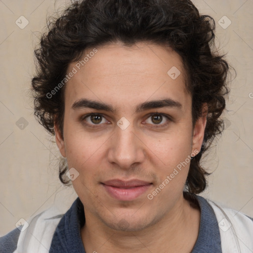 Joyful white young-adult male with medium  brown hair and brown eyes