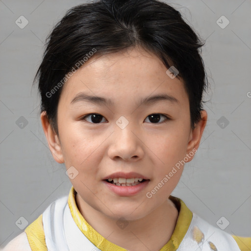 Joyful white child female with medium  brown hair and brown eyes