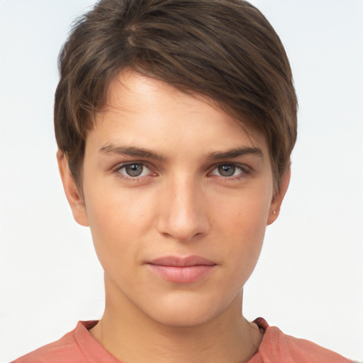 Neutral white young-adult female with short  brown hair and brown eyes