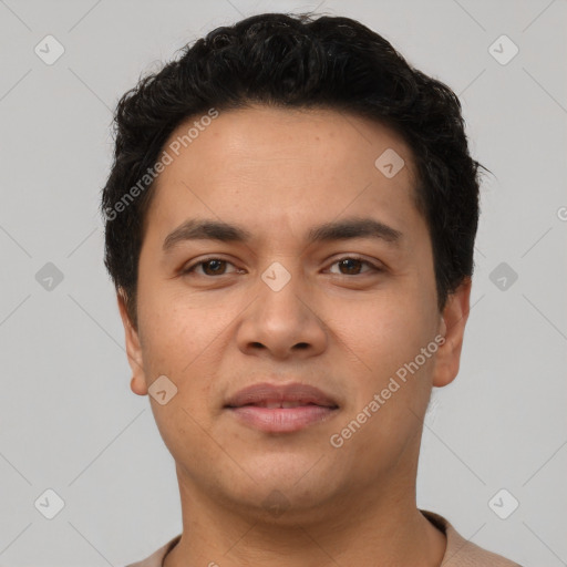 Neutral latino young-adult male with short  black hair and brown eyes