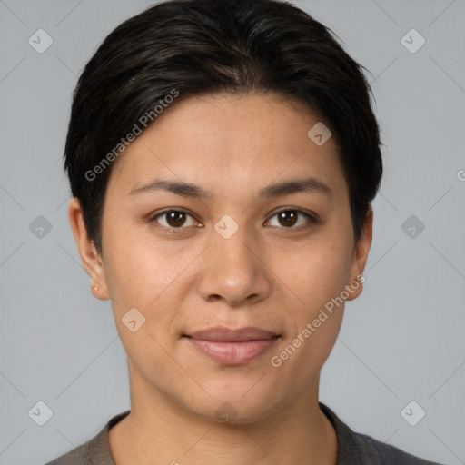 Joyful white young-adult female with short  brown hair and brown eyes