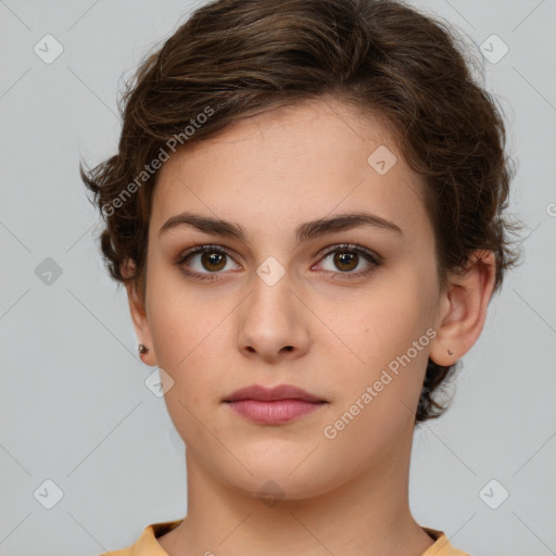 Neutral white young-adult female with medium  brown hair and brown eyes