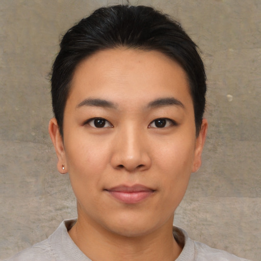 Neutral asian young-adult female with short  black hair and brown eyes