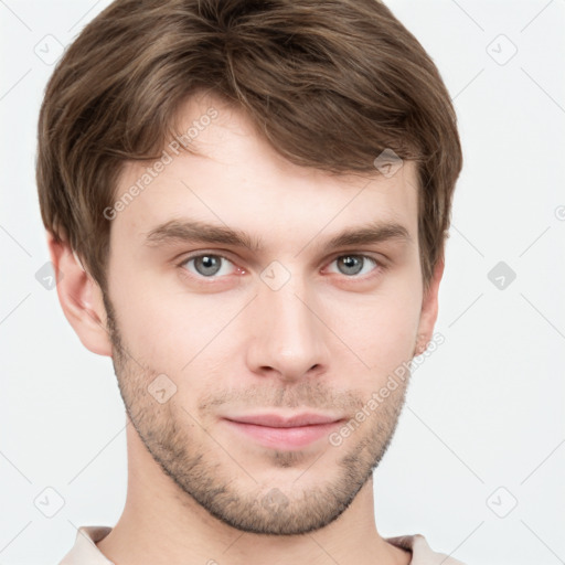 Neutral white young-adult male with short  brown hair and grey eyes