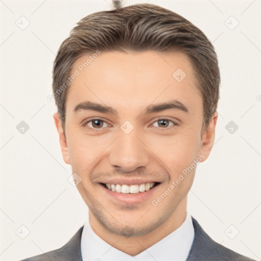 Joyful white young-adult male with short  brown hair and brown eyes