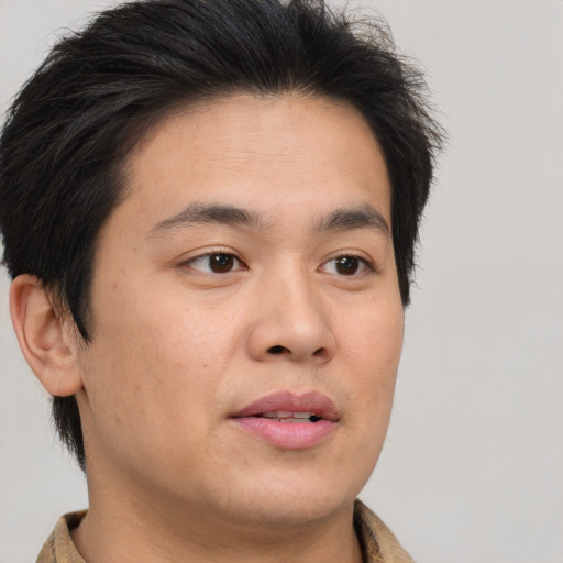 Neutral asian young-adult male with short  brown hair and brown eyes