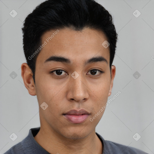 Neutral asian young-adult male with short  brown hair and brown eyes