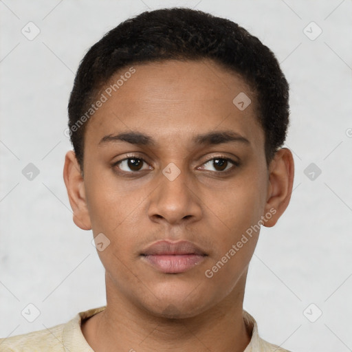 Neutral latino young-adult male with short  brown hair and brown eyes