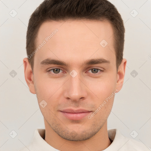 Neutral white young-adult male with short  brown hair and brown eyes