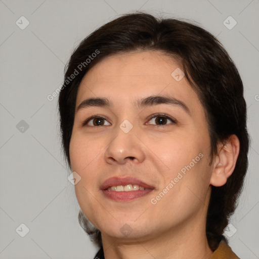 Joyful white young-adult female with medium  brown hair and brown eyes