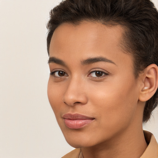 Neutral white young-adult female with short  brown hair and brown eyes