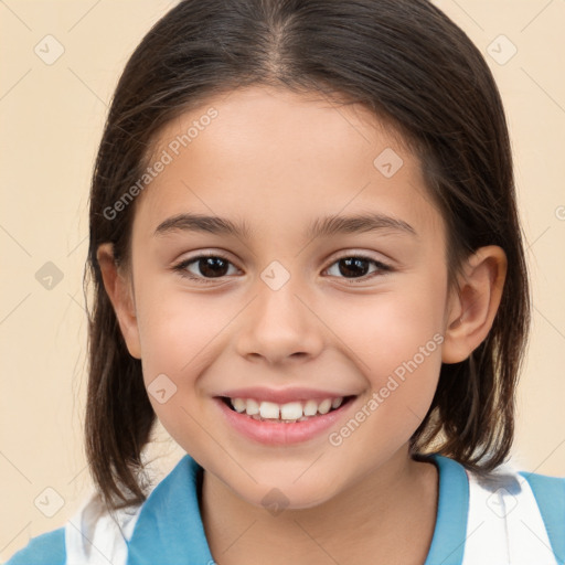 Joyful white child female with medium  brown hair and brown eyes