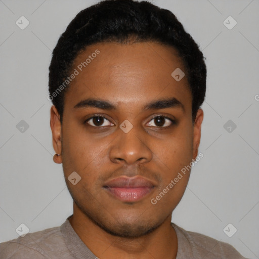 Neutral black young-adult male with short  black hair and brown eyes