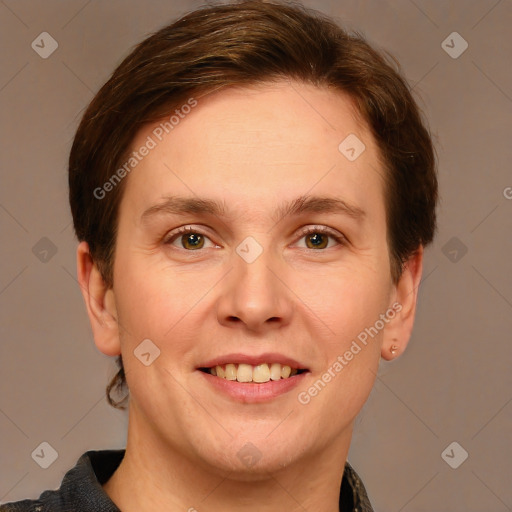 Joyful white young-adult female with short  brown hair and grey eyes