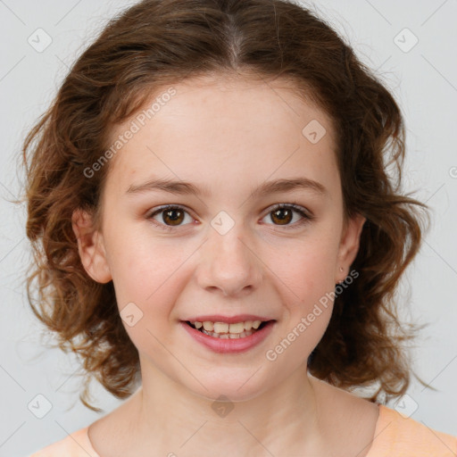 Joyful white child female with medium  brown hair and brown eyes