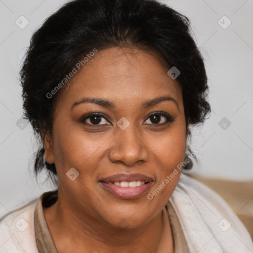 Joyful black adult female with medium  brown hair and brown eyes