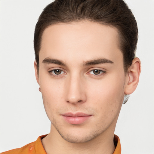 Neutral white young-adult male with short  brown hair and brown eyes