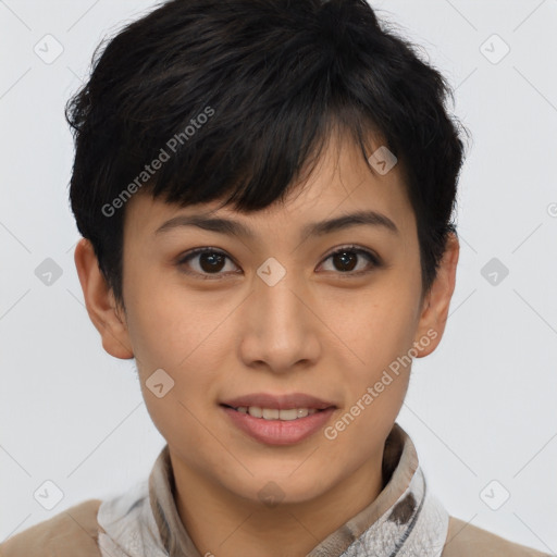 Joyful asian young-adult female with short  brown hair and brown eyes