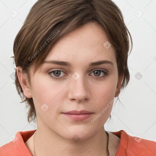 Neutral white young-adult female with medium  brown hair and grey eyes