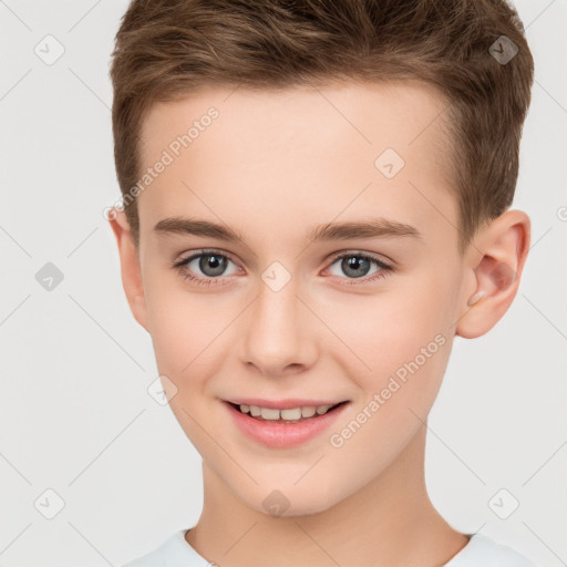 Joyful white child female with short  brown hair and brown eyes