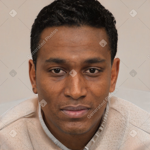 Joyful black young-adult male with short  brown hair and brown eyes