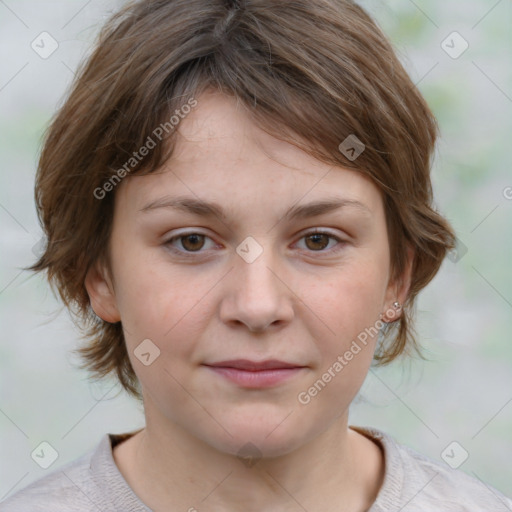 Joyful white child female with medium  brown hair and grey eyes