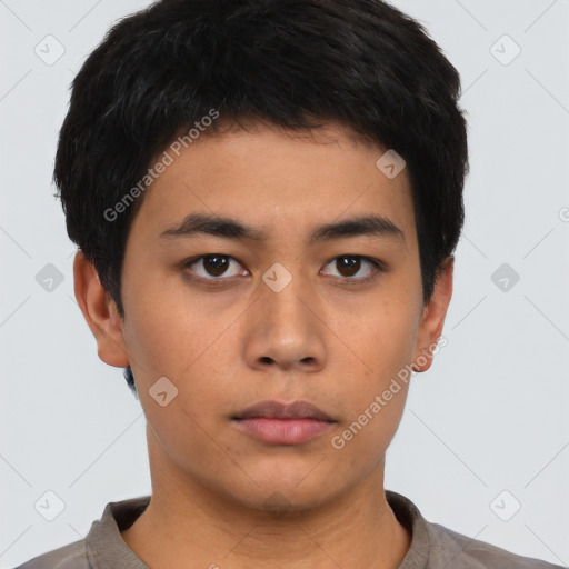 Neutral asian young-adult male with short  black hair and brown eyes