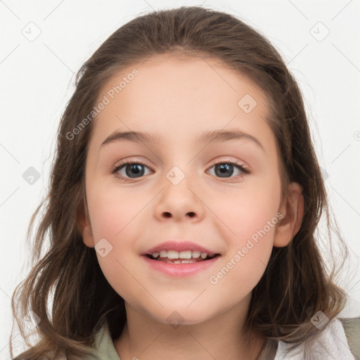 Joyful white child female with medium  brown hair and brown eyes