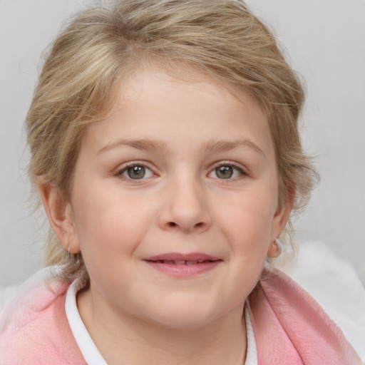 Joyful white child female with medium  brown hair and blue eyes