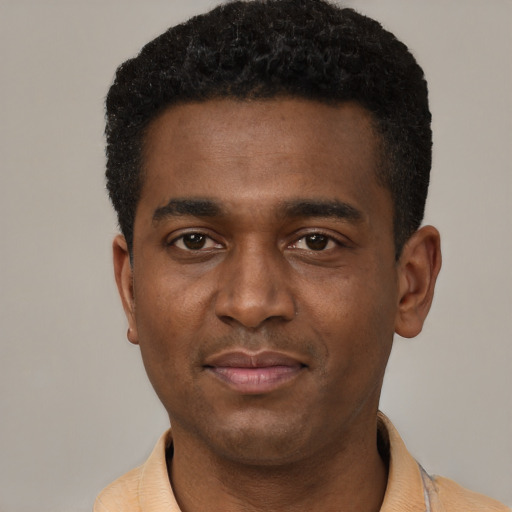 Neutral black young-adult male with short  black hair and brown eyes