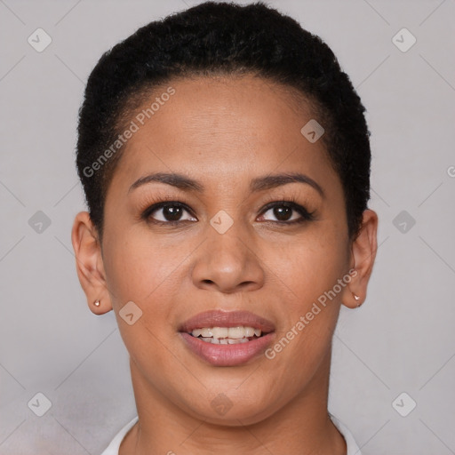 Joyful latino young-adult female with short  brown hair and brown eyes