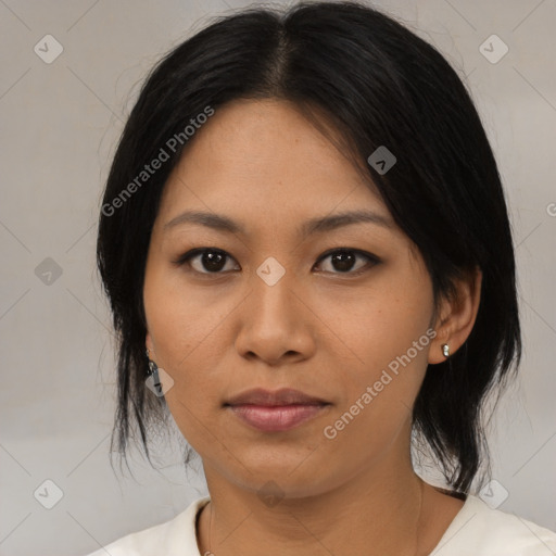 Neutral asian young-adult female with medium  black hair and brown eyes