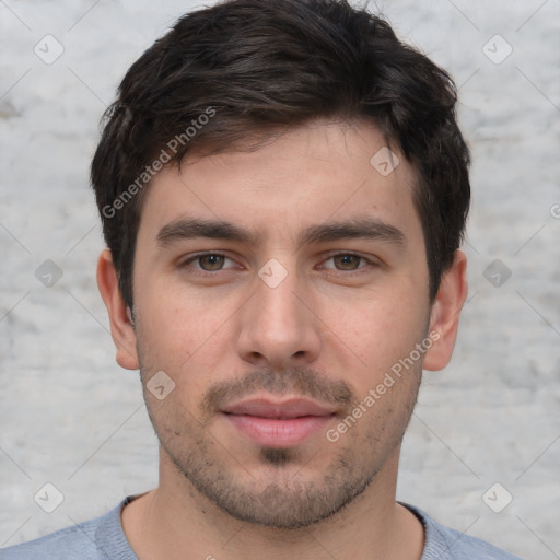 Neutral white young-adult male with short  brown hair and brown eyes