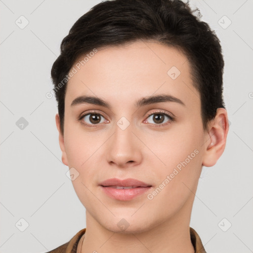 Joyful white young-adult female with short  brown hair and brown eyes