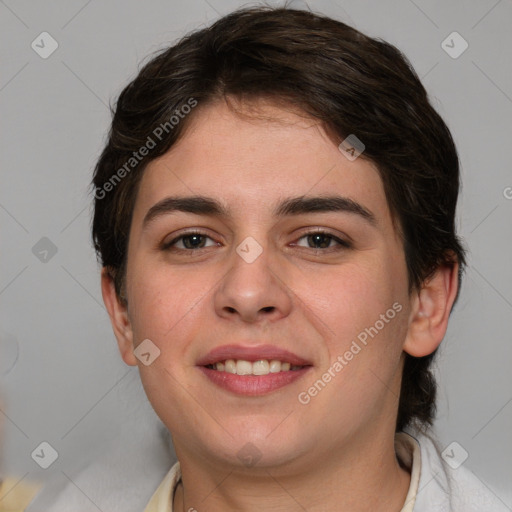 Joyful white young-adult female with medium  brown hair and brown eyes