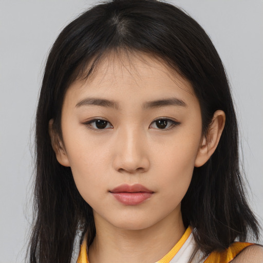 Neutral asian young-adult female with long  brown hair and brown eyes