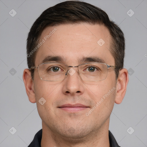 Joyful white adult male with short  brown hair and brown eyes