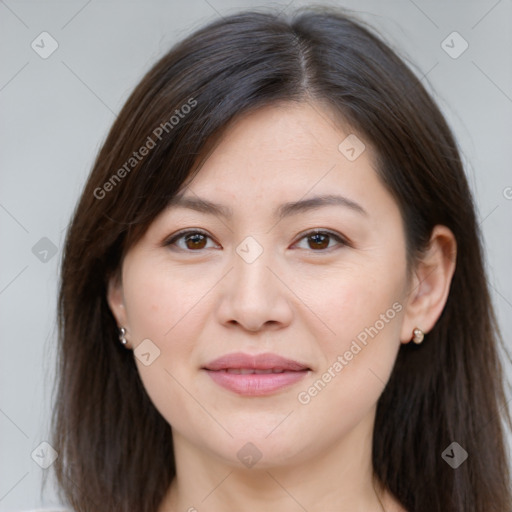 Joyful white young-adult female with long  brown hair and brown eyes