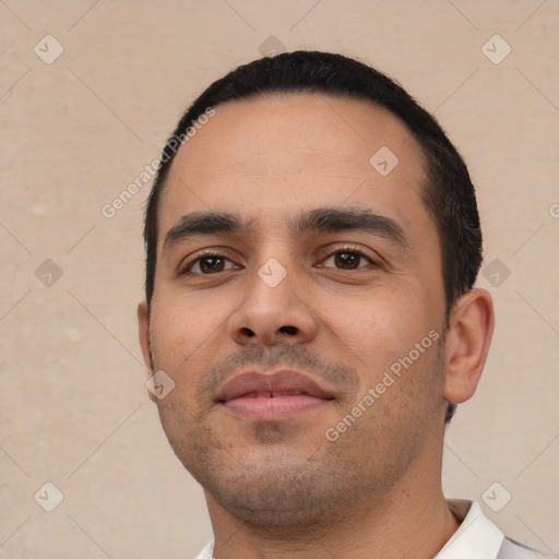 Neutral white young-adult male with short  black hair and brown eyes