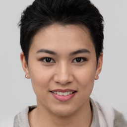 Joyful asian young-adult female with short  brown hair and brown eyes