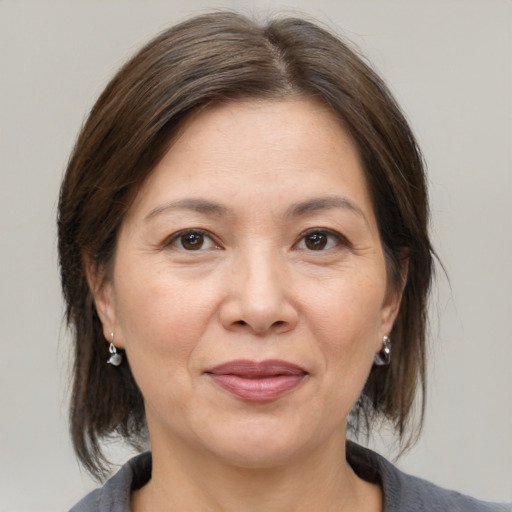 Joyful white adult female with medium  brown hair and brown eyes