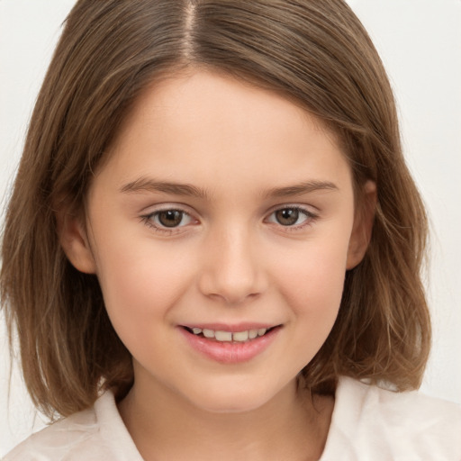 Joyful white child female with medium  brown hair and brown eyes