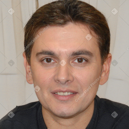 Joyful white young-adult male with short  brown hair and brown eyes