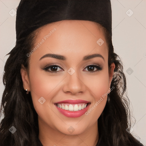 Joyful white young-adult female with long  black hair and brown eyes