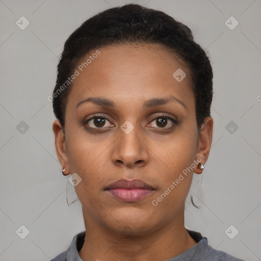 Neutral latino young-adult female with short  black hair and brown eyes