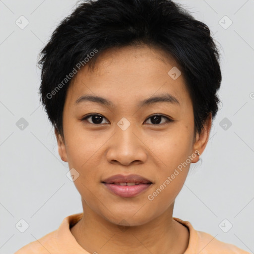 Joyful asian young-adult female with short  black hair and brown eyes