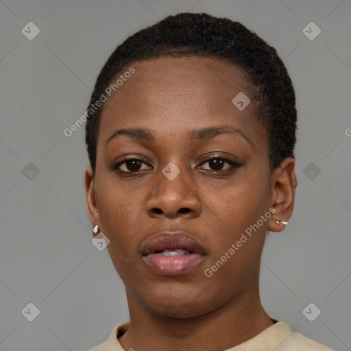 Neutral black young-adult female with short  brown hair and brown eyes