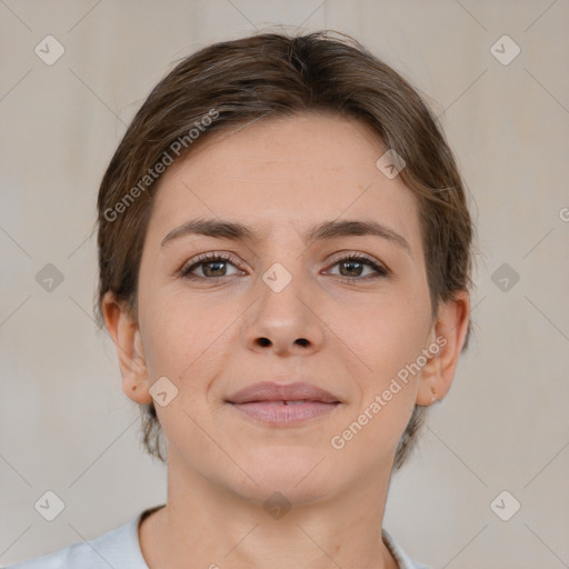 Neutral white young-adult female with medium  brown hair and brown eyes